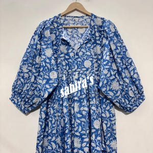 Blau Block Gedruckt Baumwolle Kleid: Indische Tunika Sommer Top