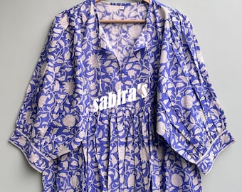 Blue Floral Hand Block Print Cotton Midi Dress - Deep Neck Summer Tunic
