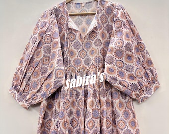 Blue Floral Block Print Cotton Midi Dress - Kyra Summer Dress