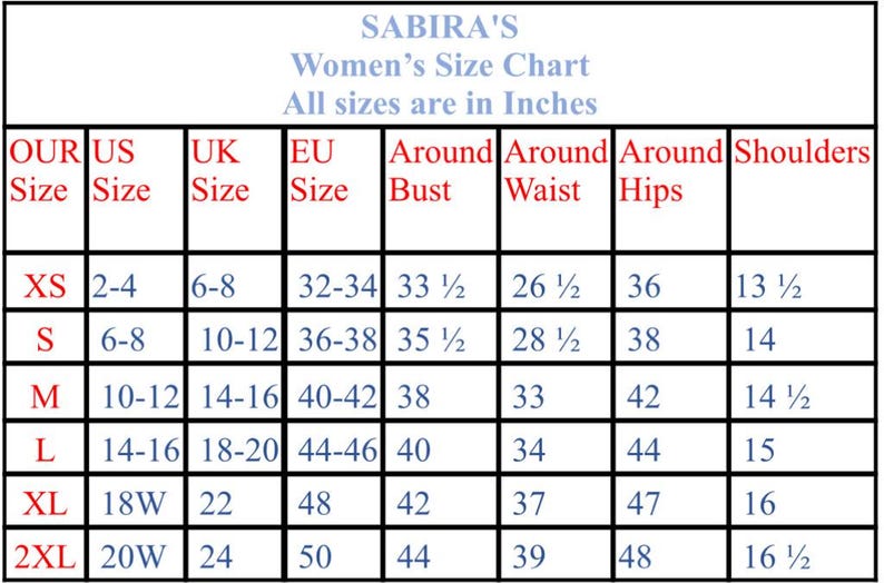 Pu&ograve; includere: Una tabella delle taglie di abbigliamento femminile, con misure in pollici. La tabella include taglie dalla XS alla 2XL, con le corrispondenti taglie USA, Regno Unito e UE, insieme alle misure di busto, vita, fianchi e spalle.
