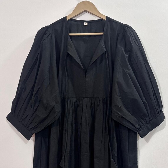 Handcrafted Black Cotton Midi Dress: Deep Neck Summer Tunic