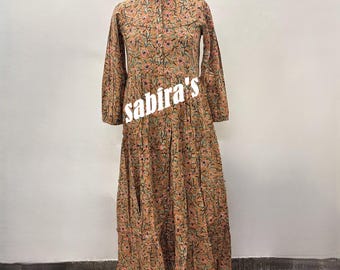 Hand Block Printed Cotton Maxi Dress: Floral Frill Long Sleeve