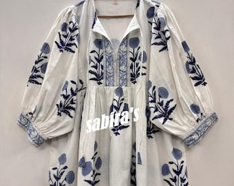 Blue Floral Hand Block Print Cotton Midi Dress: Bohemian Kyra Style