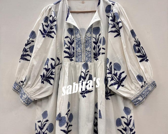 Blue Floral Hand Block Print Cotton Midi Dress: Bohemian Kyra Style
