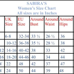 May include: A size chart for women's clothing, labeled "SABIRA'S Women's Size Chart." The chart includes US, UK, and EU sizes, along with measurements for bust, waist, hips, and shoulders, all in inches. Sizes range from XS to 2XL.
