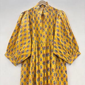 Yellow Floral Print Kyra Midi Dress, regular wear casual printed long maxi dress/cotton ties maxi dress - 3/4th sleeve /summer maxi dress