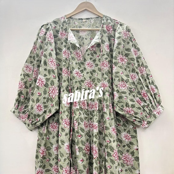 Green Floral Block Print Cotton Midi Dress - Kyra Summer Tunic