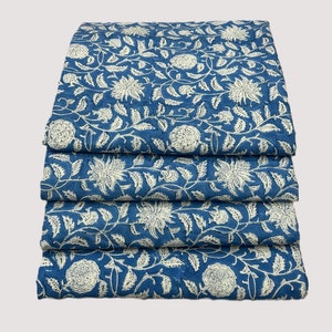Blue block print, Delft Blue Indian Floral Hand Block Printed 100% Cotton Cloth, Fabric by the Yard, Curtains Pillows Cushions Dress