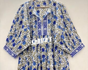 Blue Floral Block Print Cotton Midi Dress: Kyra Summer Tunic