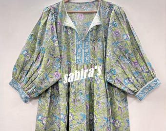 Floral Block Print Midi Dress: Indian Cotton Summer Tunic