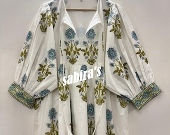 Floral Hand Block Print Cotton Midi Dress: Bohemian Kyra Style