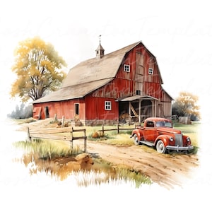 May include: A watercolour painting depicts a red barn with a weathered look, small porch and windows. A vintage red pickup truck is parked on a dirt track in front of the barn. The scene is set in a rural landscape with trees and a wooden fence.
