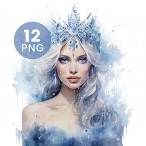 Ice Queens Watercolor PNGs – 12 Snow Princess Portraits for Junk Journal, Digital Download, Paper Craft, High Quality Clipart