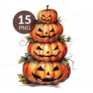 Op de afbeelding: Een stapel van vier uitgesneden oranje pompoenen met lachende gezichten, bladeren en wijnranken. Een bruine cirkel met de tekst "15 PNG" staat in de linkerbovenhoek. Een feestelijke Halloween-decoratie.