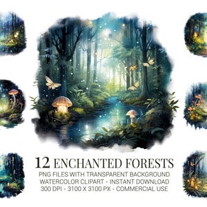 Verzauberter Wald Clipart Set - 12 Magische Aquarell Wald PNGs mit Pilzen, Schmetterlingen & Lichtern - Fantasy Art zum Basteln