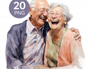 Happy Elderly Couple Watercolor PNG Clipart