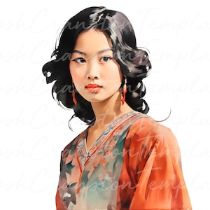 22 Elegant Asian Woman Digital Portrait, Boho Art Print, Watercolor Illustration, Asian Beauty Art, Printable Wall Decor, Digital Download