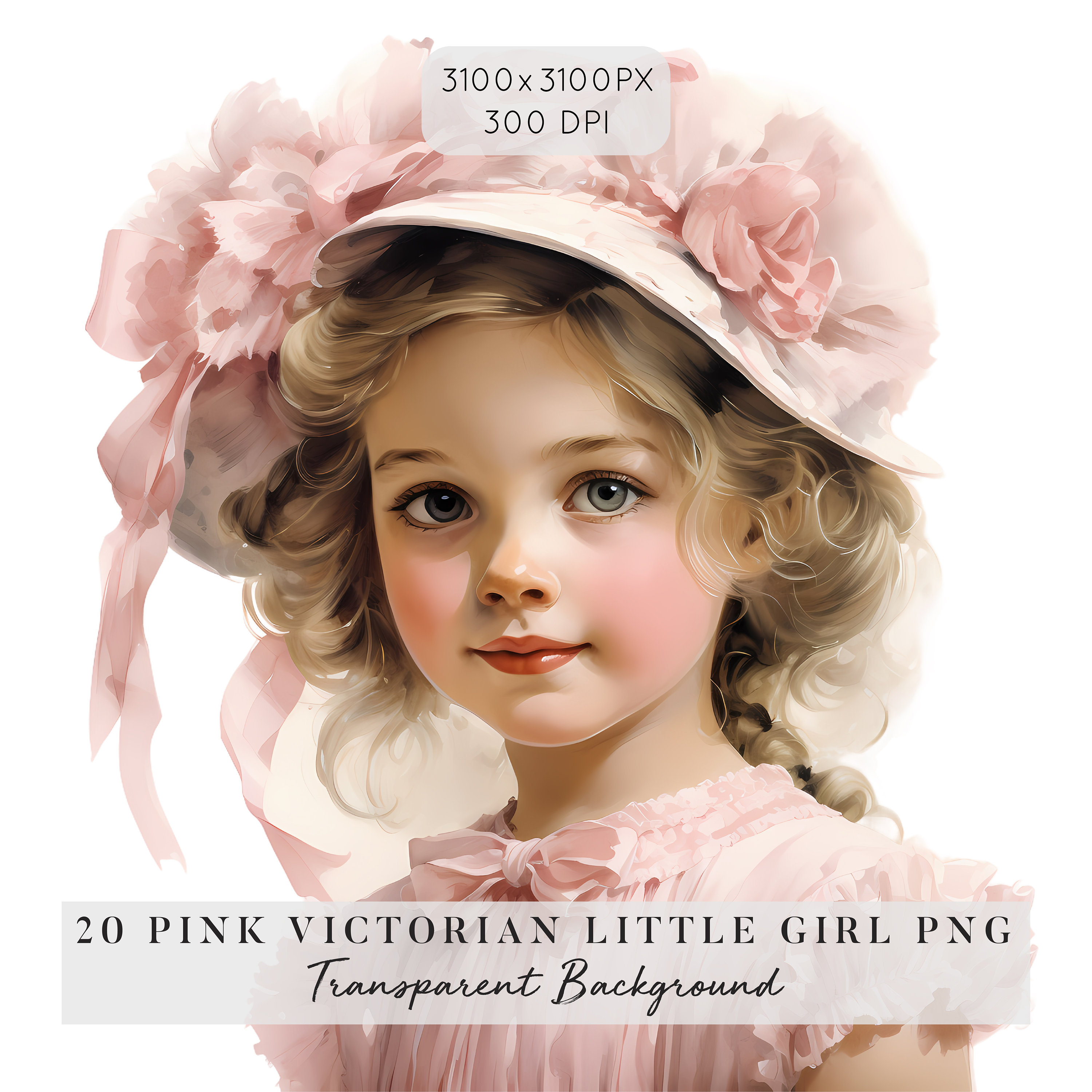 20 Pink Victorian Little Girl Clipart, Watercolor Little Girl With
