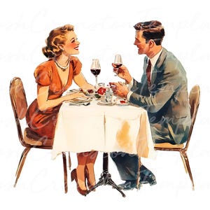 10 download digitali di cene romantiche vintage, illustrazione di coppia retrò, stampa artistica di San Valentino, decorazione da parete per anniversario di matrimonio