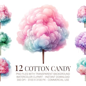 Conjunto de clipart de algodão doce, 12 PNGs fofos de algodão doce em aquarela em cores pastel para decoração de festas, convites e artesanato