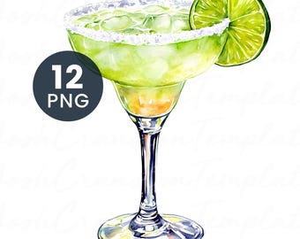 Clipart de margaritas en acuarela: 12 ilustraciones PNG de cócteles (descarga digital)
