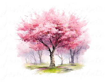 水彩画の桜の木のPNG：ジャンクジャーナルクリップアート（デジタル