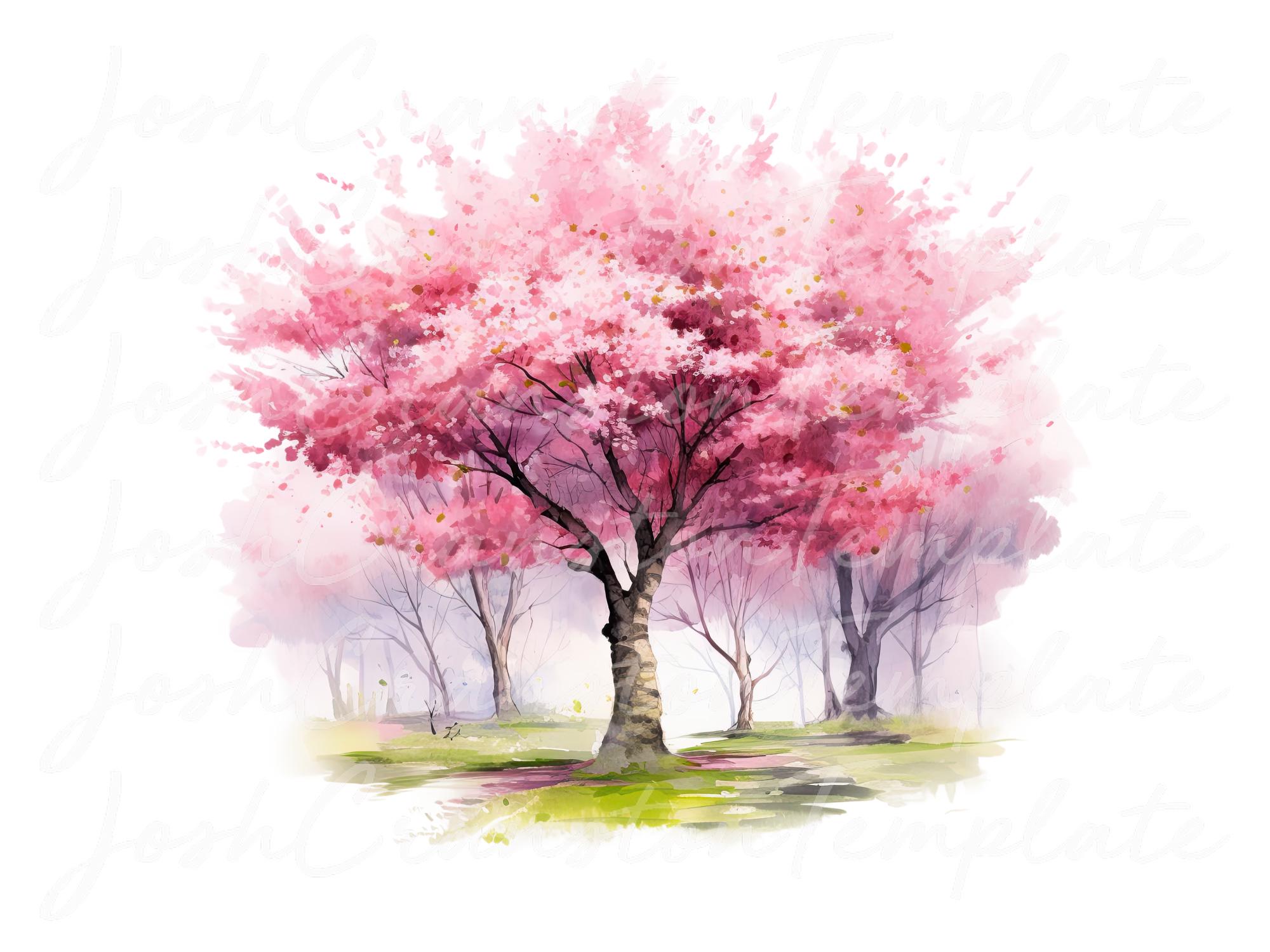 水彩画の桜の木のPNG：ジャンクジャーナルクリップアート（デジタル