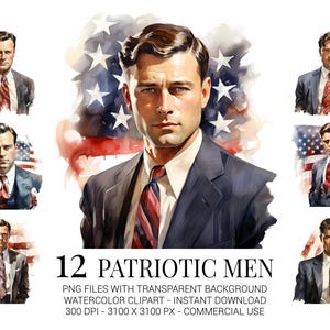 Clipart patriottische mannen, 12 aquarel vintage heren in pakken met Amerikaanse vlaggen voor 4 juli sublimatie, kaarten en retro decor