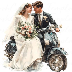 14 Illustrazione romantica di coppia di sposi su scooter, download digitale, opera d'arte per San Valentino, design di sposi e sposi, decorazioni per matrimoni stampabili