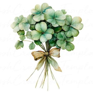12 Clipart acquerello di bouquet di trifoglio, arte digitale di quadrifoglio, decorazione murale stampabile, clipart di San Patrizio, trifoglio verde fortunato