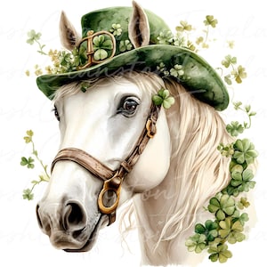 12 Arte del cavallo di San Patrizio, Stampa del cavallo con cappello a trifoglio, Download digitale del cavallo fortunato, Decorazione murale con quadrifoglio verde irlandese