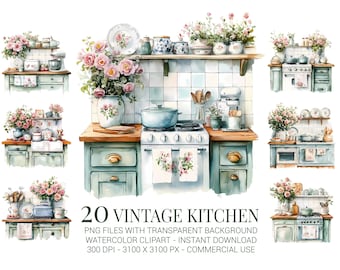Akvarell Vintage Kitchen Clipart Set: Cottagecore PNGs (digital nedladdning)