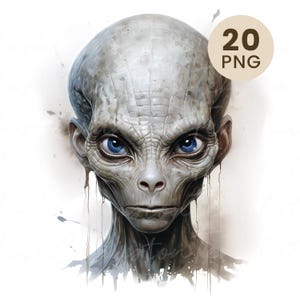 Könnte beinhalten: Digitale Illustration eines Alienkopfes mit großen blauen Augen und einem grauen Teint. Das Bild hat einen Aquarelleffekt mit einem beigen Kreis in der oberen rechten Ecke mit der Aufschrift "20 PNG".