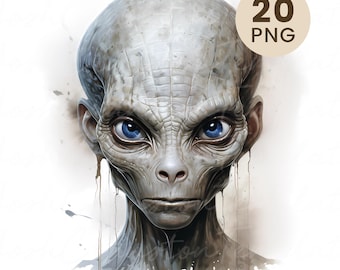 Watercolor Alien Clipart: Sci-Fi Junk Journal PNGs (Digital Download)