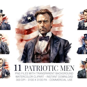 Clipart patriottische mannen, 11 aquarel vintage heren met Amerikaanse vlaggen voor 4 juli sublimatie, kaarten en historische ambachten