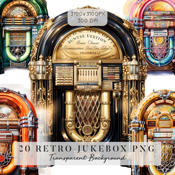 20 Retro Jukebox Clipart, Aquarell Jukebox mit transparentem Hintergrund PNG, Kartenherstellung, Vintage Jukebox. Digitaler Download, Kommerzielle Nutzung