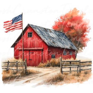 Patriotic Barn Watercolor Clipart, Rustic Americana PNG JPG (Digital Download) image 2