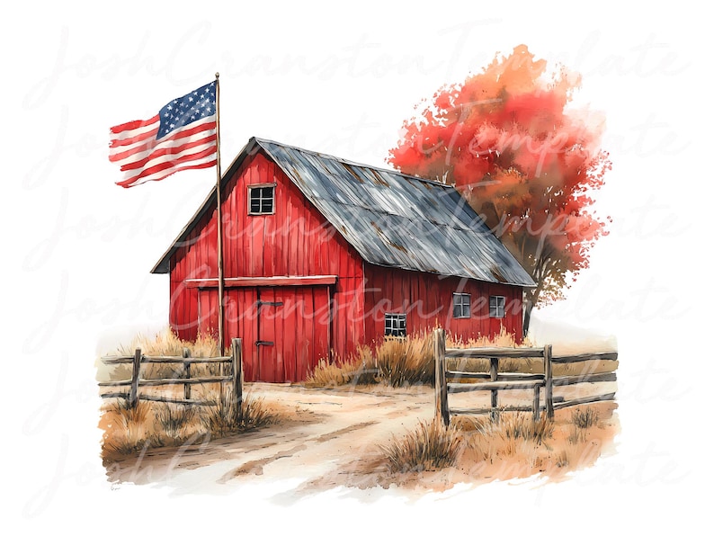 Patriotic Barn Watercolor Clipart, Rustic Americana PNG JPG (Digital Download) image 2