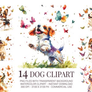 Clipart chien et papillon - 14 joyeux chiens aquarelles avec des papillons PNG pour l'artisanat d'animaux de compagnie, la décoration d'enfants, la sublimation et de jolis projets de bricolage