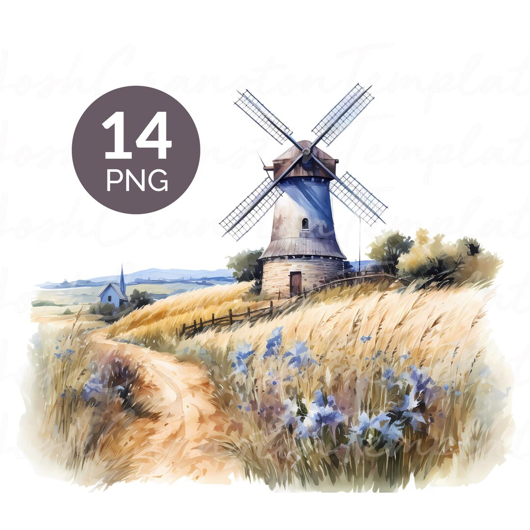 Rustic Windmill Drawing Watercolor Windmill Clipart: Rustic Countryside PNG Illustrations ...