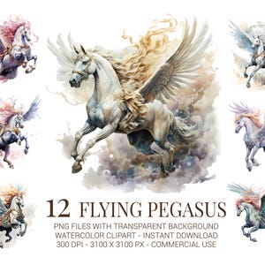 Lot de 12 cliparts Pégase volant - 12 PNG aquarelles de chevaux mythiques pour travaux manuels pour enfants, décoration de chambre d'enfant, invitations et sublimation