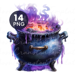 Puede incluir: Ilustración digital de un caldero de bruja con llamas y humo morado y naranja. El caldero azul oscuro tiene un asa dorada y gotea líquido morado. Un gráfico circular dice "14 PNG".
