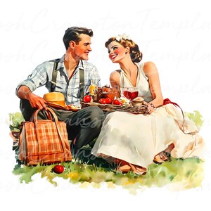 10 Vintage Wedding Picnic Print, Romantic Couple Illustration, Valentine&#39;s Day Digital Art, Retro Style Decor, Printable Wall Art