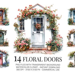 Set di clipart di porte floreali, 14 illustrazioni di porte di cottage in formato PNG ad acquerello, clipart di ingressi floreali vintage per fai da te e decorazioni murali