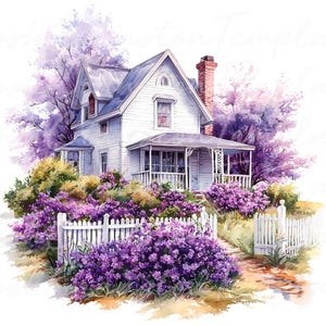 14 Arte digitale di cottage primaverili, illustrazione di casa floreale, clipart di fiori viola, design di giardino primaverile, download di clipart di acquerelli