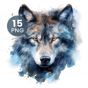 Clipart de lobo espiritual en acuarela: Ilustraciones para diario basura (Descarga digital, PNG, 3100 x 3100 px)