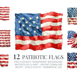 Patriotic Flags Clipart Set, 12 Watercolor Red White Blue Flag PNGs for 4th of July Crafts, Party Decor, Stickers & Sublimation Projects
