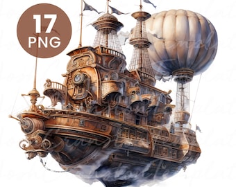 Clipart acquerello di dirigibili steampunk: macchine volanti fantasy (download digitale PNG)