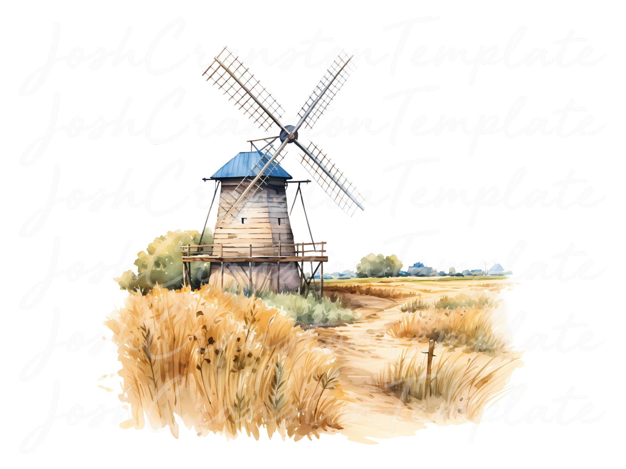 Rustic Windmill Drawing Watercolor Windmill Clipart: Rustic Countryside PNG Illustrations ...