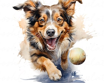 Happy Dog Playing Fetch Watercolor Clipart Bundle, Playful Puppy Art (Digital Download)